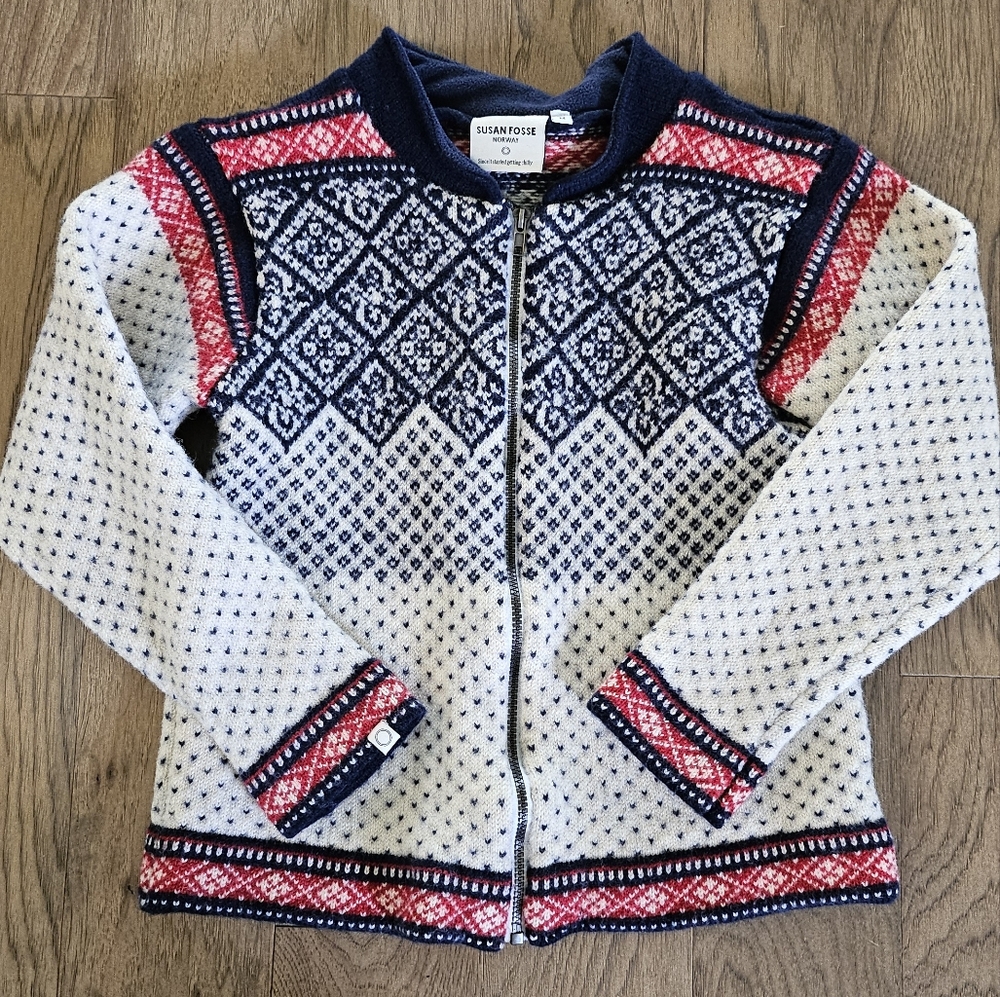 EUC SUSAN FOSSE women's fair isle nordic wool full zip cardigan sweater